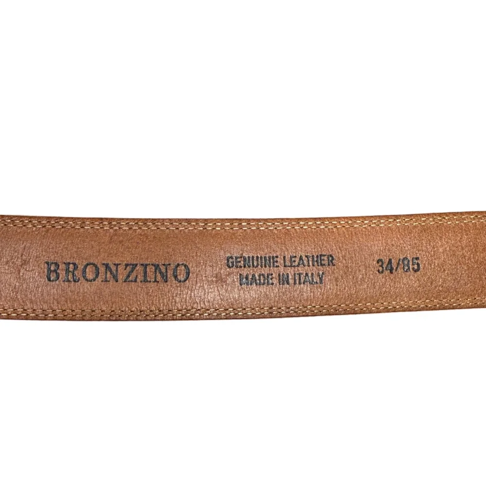 BRONZINO Brown Leather Belt Men's 34/85 Silver Buckle White Stitching Italy